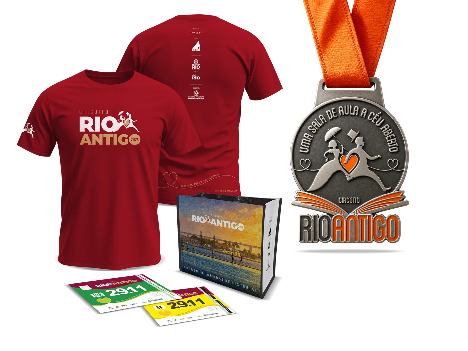 Kit Completo da Etapa Porto Maravilha: camiseta, sacola, medalha e números de peito 10K e 5K